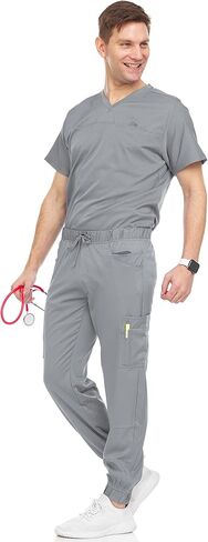 Medichic Men's Workwear Stretch V-Neck Scrub Joggers Set with Seven-Pocket Pants, Available in 6+ Colors in Kuwait