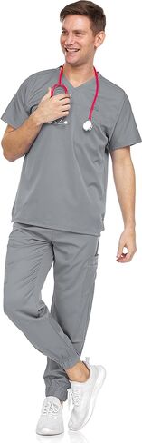 Medichic Men's Workwear Stretch V-Neck Scrub Joggers Set with Seven-Pocket Pants, Available in 6+ Colors in Kuwait
