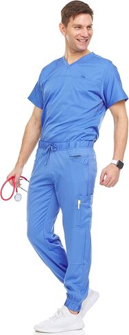 Medichic Men's Workwear Stretch V-Neck Scrub Joggers Set with Seven-Pocket Pants, Available in 6+ Colors in Kuwait
