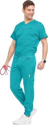 Medichic Men's Workwear Stretch V-Neck Scrub Joggers Set with Seven-Pocket Pants, Available in 6+ Colors in Kuwait