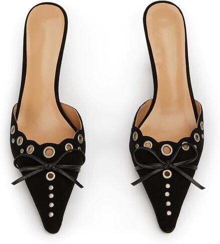Kitten Heels for Women, Pointed Toe Heels Studded Bow Heeled Mules, Faux Suede Silp On Sandals Kitten Heel Pumps in Kuwait