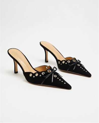 Kitten Heels for Women, Pointed Toe Heels Studded Bow Heeled Mules, Faux Suede Silp On Sandals Kitten Heel Pumps in Kuwait