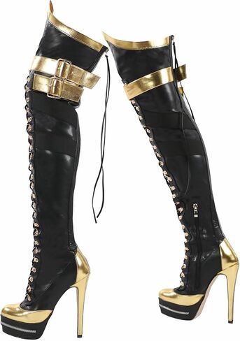 STUPMARY Women Platform Boots Round Toe Over The Knee Bootie Lace Up Gold Strap Thigh High Boots in Saudi Arabia