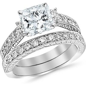 14K White Gold 2 Carat LAB GROWN DIAMOND Three Stone Vintage With Milgrain & Filigree Bridal Set with Wedding Band & Princess Cut Diamond Engagement Ring (E-F Color VS2-SI1 Clarity 1 Ct Center)