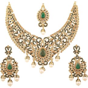 Touchstone Indian jewelry sets for women tikka wedding necklace costume guest statement bollywood rhinestones crystal faux pearls gold big royal neck piece set bridal fashion accessories in Kuwait