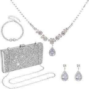 فو يامب 4 قطع حقيبة كلاتش للنساء مجموعة مجوهرات مسائية من حجر الراين مجموعة بلينغ قلادة واقراط واساور للزفاف، الماس كما هو موضح, الماس, كما هو موضح in Kuwait