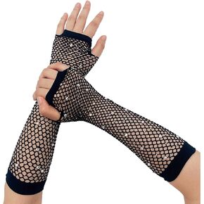 aoozleny Women Girls Rhinestone Fingerless Fishnet Gloves,Fish Net Arm Sleeve for 80s Party Halloween