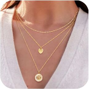 Aisansty Layered Initial Necklaces for Women,Dainty Gold Necklace 16K Real Gold Plated Simple Heart Pendant CZ Diamond Initial Choker Necklace Trendy Gold Layered Necklace for Women Girls