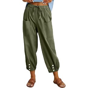 Women's High Waist Style Loose Pants Drawstring Capri Pants with Pockets Wide Leg Ankle Cropped Pants for Women in Kuwait