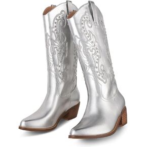 Mikarka أحذية رعاة البقر للنساء أحذية راعية البقر الغربية المطرزة مدبب تو وقح كعب مكتنز الحديثة السيدات منتصف حذاء برقبة للركبة in Kuwait