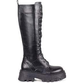 Liliana Women's Lace-up Knee High PU Combat Boot with Chunky Platform Low Heel Thigh High Boot Round Toe High Ankle Booties for Women, JAQUE-2