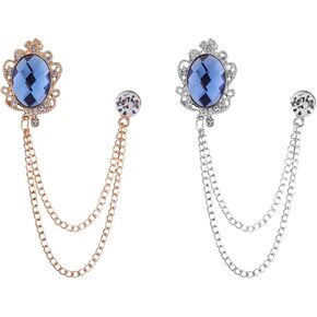 Shuxy 2PCS Men's Brooch Hanging Chain Brooch Blue Stone Detailing with Engraving Metal Crystal Brooch Suit Stud Lapel Pin Vintage Rhinestone Breastpin Wedding Brooch Pin, Gold and Silver, mix, alloy, in Kuwait