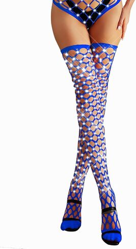 LUCKELF Women Sexy Fishnets Sparkle Rhinestone Thigh High Stockings Elastic Top Extra Large Mesh Pantyhose Socks in Kuwait