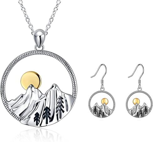 YFN Mountain Jewelry Set Sterling Silver Mountain Range Ocean Wave Necklace Earrings Nature Jewelry Gift for Skiers, Hikers, Campers, Climbers,Nature Lovers and Ocean Lovers. in Saudi Arabia