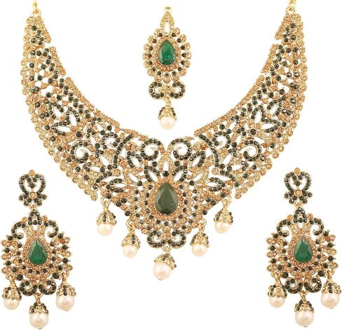 Touchstone Indian jewelry sets for women tikka wedding necklace costume guest statement bollywood rhinestones crystal faux pearls gold big royal neck piece set bridal fashion accessories in Kuwait