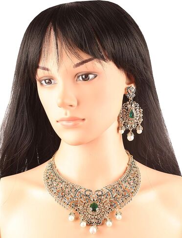 Touchstone Indian jewelry sets for women tikka wedding necklace costume guest statement bollywood rhinestones crystal faux pearls gold big royal neck piece set bridal fashion accessories in Kuwait
