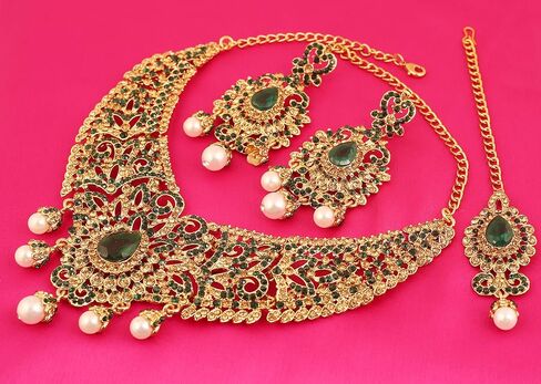 Touchstone Indian jewelry sets for women tikka wedding necklace costume guest statement bollywood rhinestones crystal faux pearls gold big royal neck piece set bridal fashion accessories in Kuwait