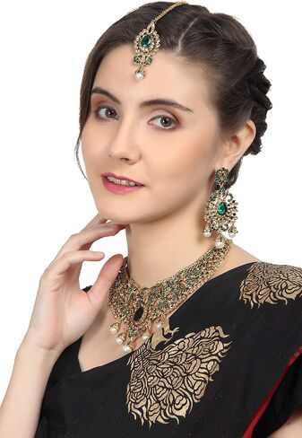 Touchstone Indian jewelry sets for women tikka wedding necklace costume guest statement bollywood rhinestones crystal faux pearls gold big royal neck piece set bridal fashion accessories in Kuwait