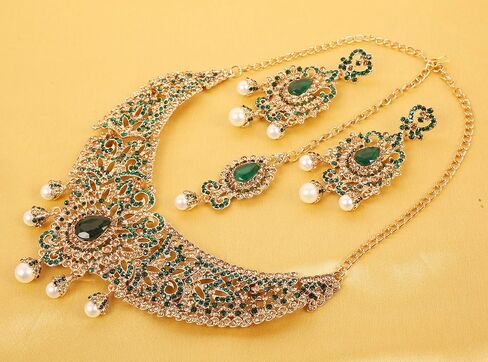 Touchstone Indian jewelry sets for women tikka wedding necklace costume guest statement bollywood rhinestones crystal faux pearls gold big royal neck piece set bridal fashion accessories in Kuwait