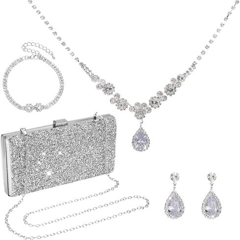 فو يامب 4 قطع حقيبة كلاتش للنساء مجموعة مجوهرات مسائية من حجر الراين مجموعة بلينغ قلادة واقراط واساور للزفاف، الماس كما هو موضح, الماس, كما هو موضح in Kuwait
