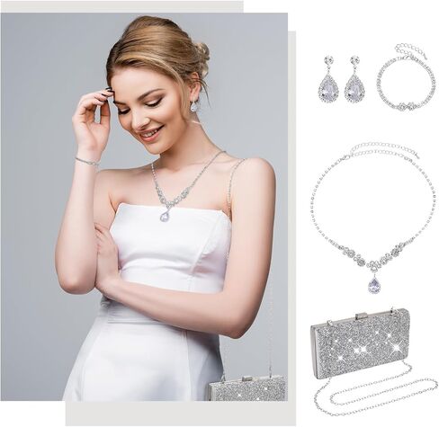 فو يامب 4 قطع حقيبة كلاتش للنساء مجموعة مجوهرات مسائية من حجر الراين مجموعة بلينغ قلادة واقراط واساور للزفاف، الماس كما هو موضح, الماس, كما هو موضح in Kuwait