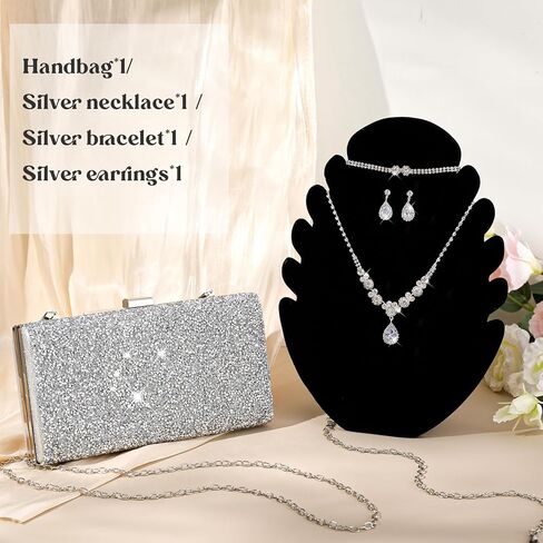 فو يامب 4 قطع حقيبة كلاتش للنساء مجموعة مجوهرات مسائية من حجر الراين مجموعة بلينغ قلادة واقراط واساور للزفاف، الماس كما هو موضح, الماس, كما هو موضح in Kuwait