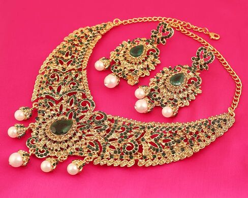 Touchstone Indian jewelry sets for women tikka wedding necklace costume guest statement bollywood rhinestones crystal faux pearls gold big royal neck piece set bridal fashion accessories in Kuwait
