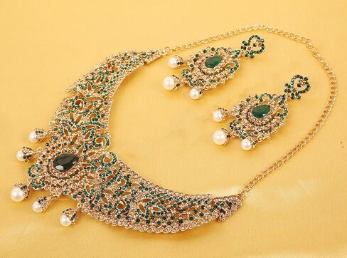 Touchstone Indian jewelry sets for women tikka wedding necklace costume guest statement bollywood rhinestones crystal faux pearls gold big royal neck piece set bridal fashion accessories in Kuwait
