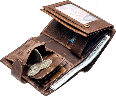 POKOFO حامل بطاقات كبير من الجلد الطبيعي RFID ومحفظة ثلاثية الطي وإغلاق سريع و3 نوافذ لبطاقة الهوية للرجال in Kuwait