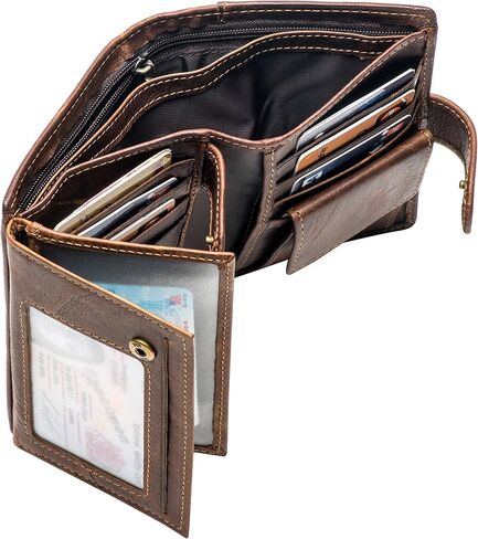 POKOFO حامل بطاقات كبير من الجلد الطبيعي RFID ومحفظة ثلاثية الطي وإغلاق سريع و3 نوافذ لبطاقة الهوية للرجال in Kuwait