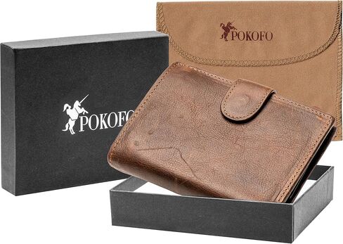 POKOFO حامل بطاقات كبير من الجلد الطبيعي RFID ومحفظة ثلاثية الطي وإغلاق سريع و3 نوافذ لبطاقة الهوية للرجال in Kuwait