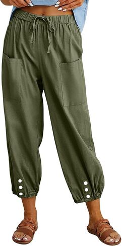 Women's High Waist Style Loose Pants Drawstring Capri Pants with Pockets Wide Leg Ankle Cropped Pants for Women in Kuwait