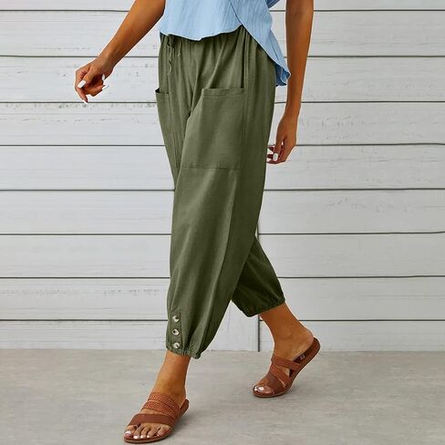 Women's High Waist Style Loose Pants Drawstring Capri Pants with Pockets Wide Leg Ankle Cropped Pants for Women in Kuwait