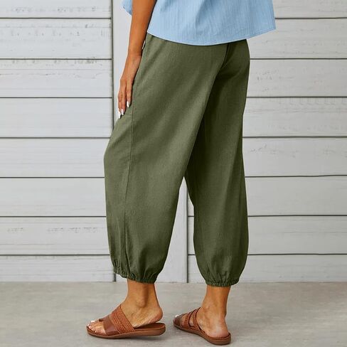 Women's High Waist Style Loose Pants Drawstring Capri Pants with Pockets Wide Leg Ankle Cropped Pants for Women in Kuwait