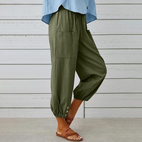 Women's High Waist Style Loose Pants Drawstring Capri Pants with Pockets Wide Leg Ankle Cropped Pants for Women in Kuwait