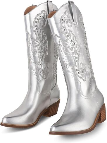 Mikarka أحذية رعاة البقر للنساء أحذية راعية البقر الغربية المطرزة مدبب تو وقح كعب مكتنز الحديثة السيدات منتصف حذاء برقبة للركبة in Kuwait