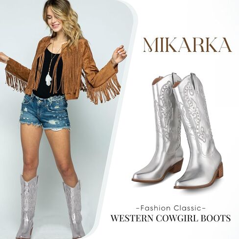 Mikarka أحذية رعاة البقر للنساء أحذية راعية البقر الغربية المطرزة مدبب تو وقح كعب مكتنز الحديثة السيدات منتصف حذاء برقبة للركبة in Kuwait