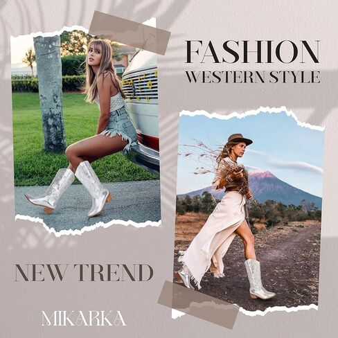 Mikarka أحذية رعاة البقر للنساء أحذية راعية البقر الغربية المطرزة مدبب تو وقح كعب مكتنز الحديثة السيدات منتصف حذاء برقبة للركبة in Kuwait