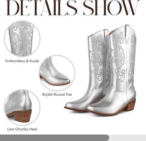 Mikarka أحذية رعاة البقر للنساء أحذية راعية البقر الغربية المطرزة مدبب تو وقح كعب مكتنز الحديثة السيدات منتصف حذاء برقبة للركبة in Kuwait