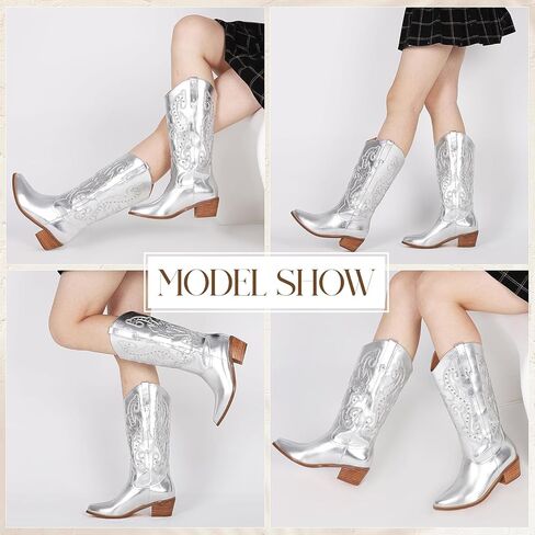 Mikarka أحذية رعاة البقر للنساء أحذية راعية البقر الغربية المطرزة مدبب تو وقح كعب مكتنز الحديثة السيدات منتصف حذاء برقبة للركبة in Kuwait