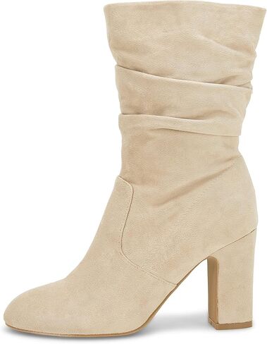 Coutgo Women's Mid Calf Slouchy Boots Suede High Heel Zip Stacked Chunky Block Round Toe Booties in Kuwait