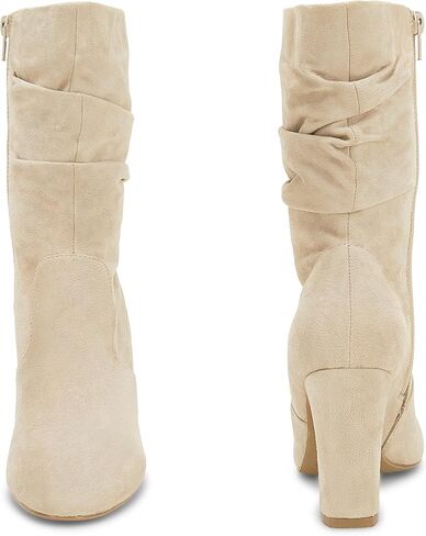 Coutgo Women's Mid Calf Slouchy Boots Suede High Heel Zip Stacked Chunky Block Round Toe Booties in Kuwait