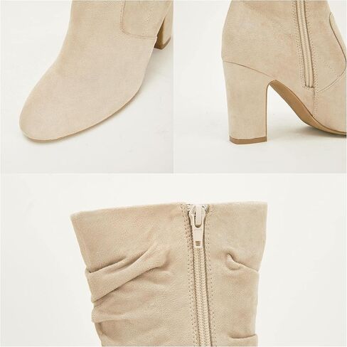 Coutgo Women's Mid Calf Slouchy Boots Suede High Heel Zip Stacked Chunky Block Round Toe Booties in Kuwait