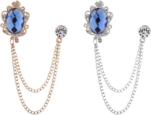 Shuxy 2PCS Men's Brooch Hanging Chain Brooch Blue Stone Detailing with Engraving Metal Crystal Brooch Suit Stud Lapel Pin Vintage Rhinestone Breastpin Wedding Brooch Pin, Gold and Silver, mix, alloy, in Kuwait