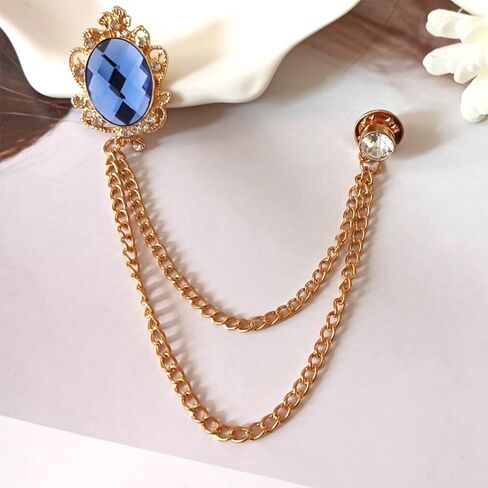 Shuxy 2PCS Men's Brooch Hanging Chain Brooch Blue Stone Detailing with Engraving Metal Crystal Brooch Suit Stud Lapel Pin Vintage Rhinestone Breastpin Wedding Brooch Pin, Gold and Silver, mix, alloy, in Kuwait
