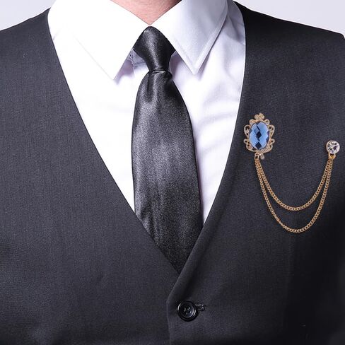 Shuxy 2PCS Men's Brooch Hanging Chain Brooch Blue Stone Detailing with Engraving Metal Crystal Brooch Suit Stud Lapel Pin Vintage Rhinestone Breastpin Wedding Brooch Pin, Gold and Silver, mix, alloy, in Kuwait