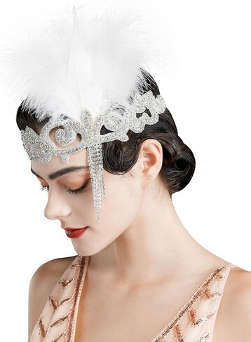 SWEETV 1920s Flapper Feather Headband for Women, Rhinestone Crystal Roaring 20s Gatsby Headpiece Hair Accessories(White) in Saudi Arabia