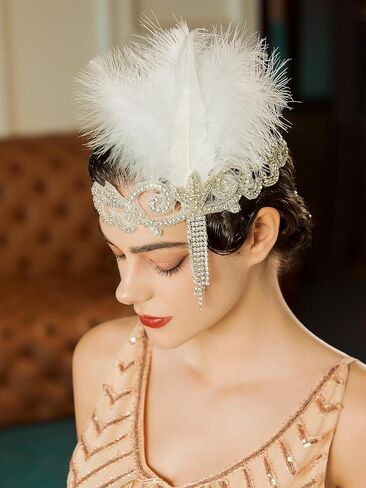 SWEETV 1920s Flapper Feather Headband for Women, Rhinestone Crystal Roaring 20s Gatsby Headpiece Hair Accessories(White) in Saudi Arabia