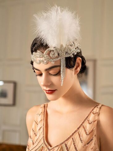 SWEETV 1920s Flapper Feather Headband for Women, Rhinestone Crystal Roaring 20s Gatsby Headpiece Hair Accessories(White) in Saudi Arabia