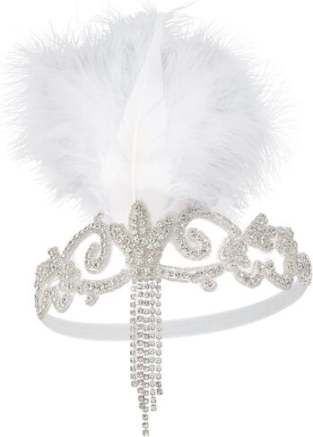 SWEETV 1920s Flapper Feather Headband for Women, Rhinestone Crystal Roaring 20s Gatsby Headpiece Hair Accessories(White) in Saudi Arabia